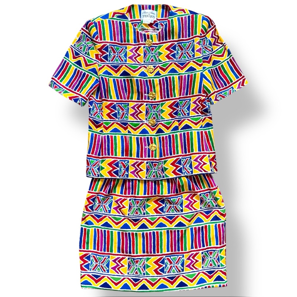 Rickie Freeman for Teri Jon Vtg Linen & Silk Two-Piece Suit | Bold Tribal Print